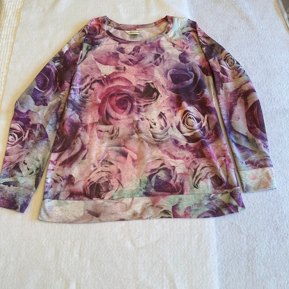 Christopher Banks Floral Rose Top Womens Medium Purple Pink Long Sleeve Artsy